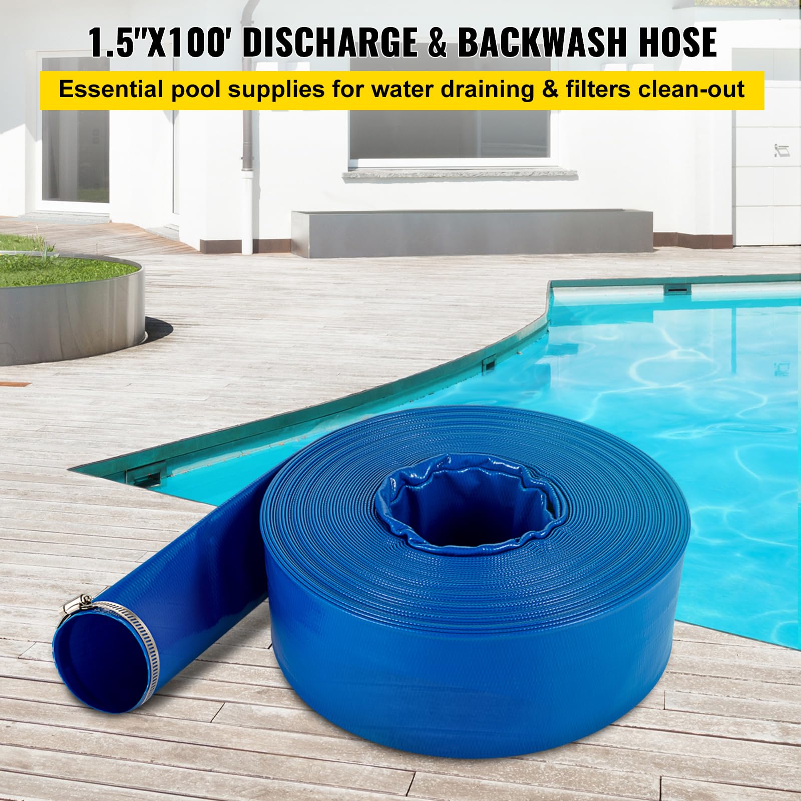 VEVOR Discharge Hose, 1-1/2" x 100', PVC Fabric Lay Flat Hose, Heavy Duty Backwash Drain Hose with Clamps, Weather-Proof & Burst-Proof, Ideal for Swimming Pool & Water Transfer, Blue VEVOR