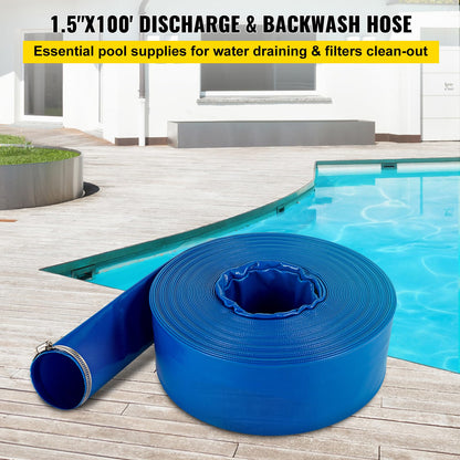 VEVOR Discharge Hose, 1-1/2" x 100', PVC Fabric Lay Flat Hose, Heavy Duty Backwash Drain Hose with Clamps, Weather-Proof & Burst-Proof, Ideal for Swimming Pool & Water Transfer, Blue VEVOR