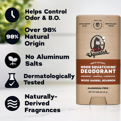 Dr. Squatch Natural Men’s Deodorant – Aluminium Free Natural Deodorant For Men with Charcoal & Postbiotics for 72-Hour Odor Protection – Wood Barrel Bourbon, 2.65oz Stick (2-pack) - Available at All In One Marketplace Canada