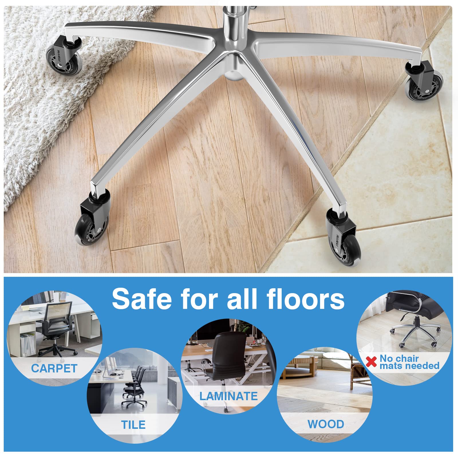 Office Chair Caster Wheels Replacement Rubber Chair Casters (Set of 5), 3 Inch Heavy-Duty Office Chair casters for Hardwood Floors Carpet and Tile Floors Universal fit - Available at All In One Marketplace Canada
