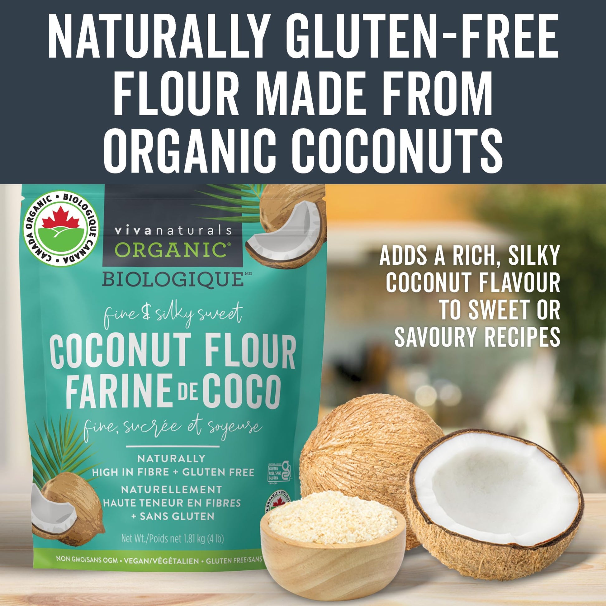 Viva Naturals Organic Coconut Flour, Gluten-Free, Unbleached & Unrefined, 4 LB Viva Naturals