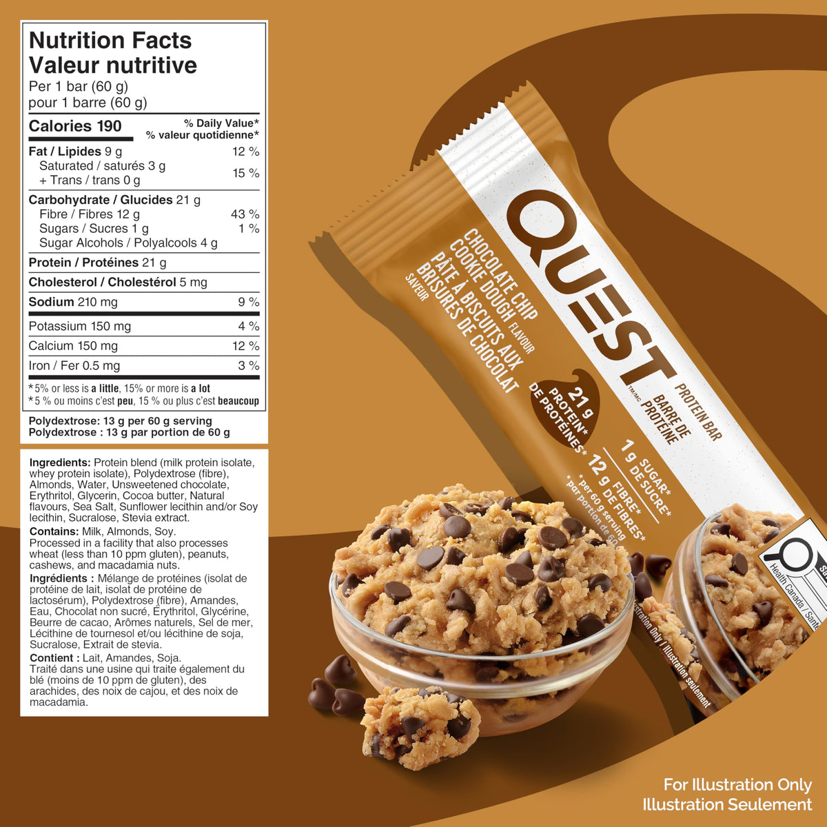 Quest Nutrition Chocolate Chip Cookie Dough Flavour Protein Bar, High Protein, High Fibre, Low Sugar, Keto Friendly, 21g Protein, 1g Sugar, 12ct