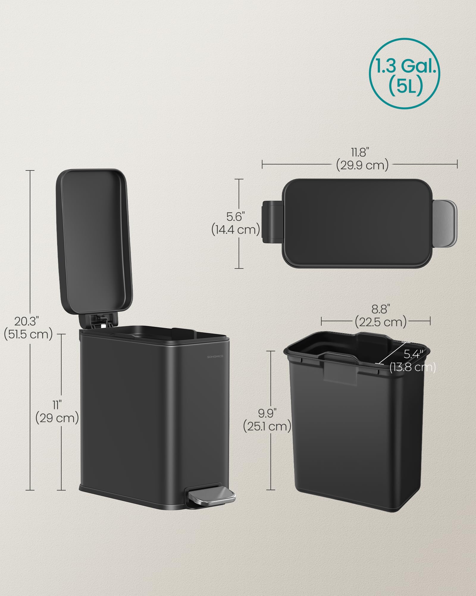 SONGMICS Bathroom Trash Can, Small Trash Bin with Lid, Slim for Small Spaces, Stainless Steel Garbage Can, Soft Close, 1.3 Gallon (5 L) Black ULTB560B05 SONGMICS