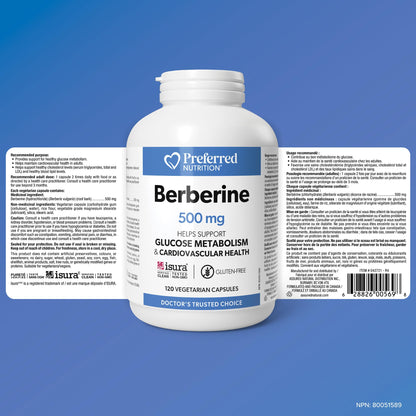Preferred Nutrition Berberine MAXIMUM POTENCY 1000 mg per Serving (2 caps, 500 mg each), 120 Vegetarian Capsules = 60 Day Supply, Berberine Supplements, Canadian Company - Available at All In One Marketplace Canada