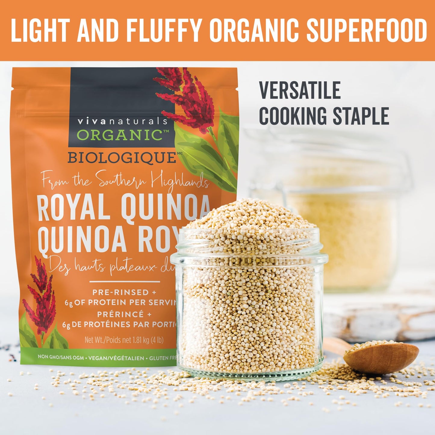 Viva Naturals Organic Quinoa (4 lb) – Quinoa Organic, Non-GMO & Pre-Washed Whole Grain | Gluten-Free Vegan Plant Protein, Source of Fibre & Iron, Puffed Rice & Pasta Substitute Viva Naturals