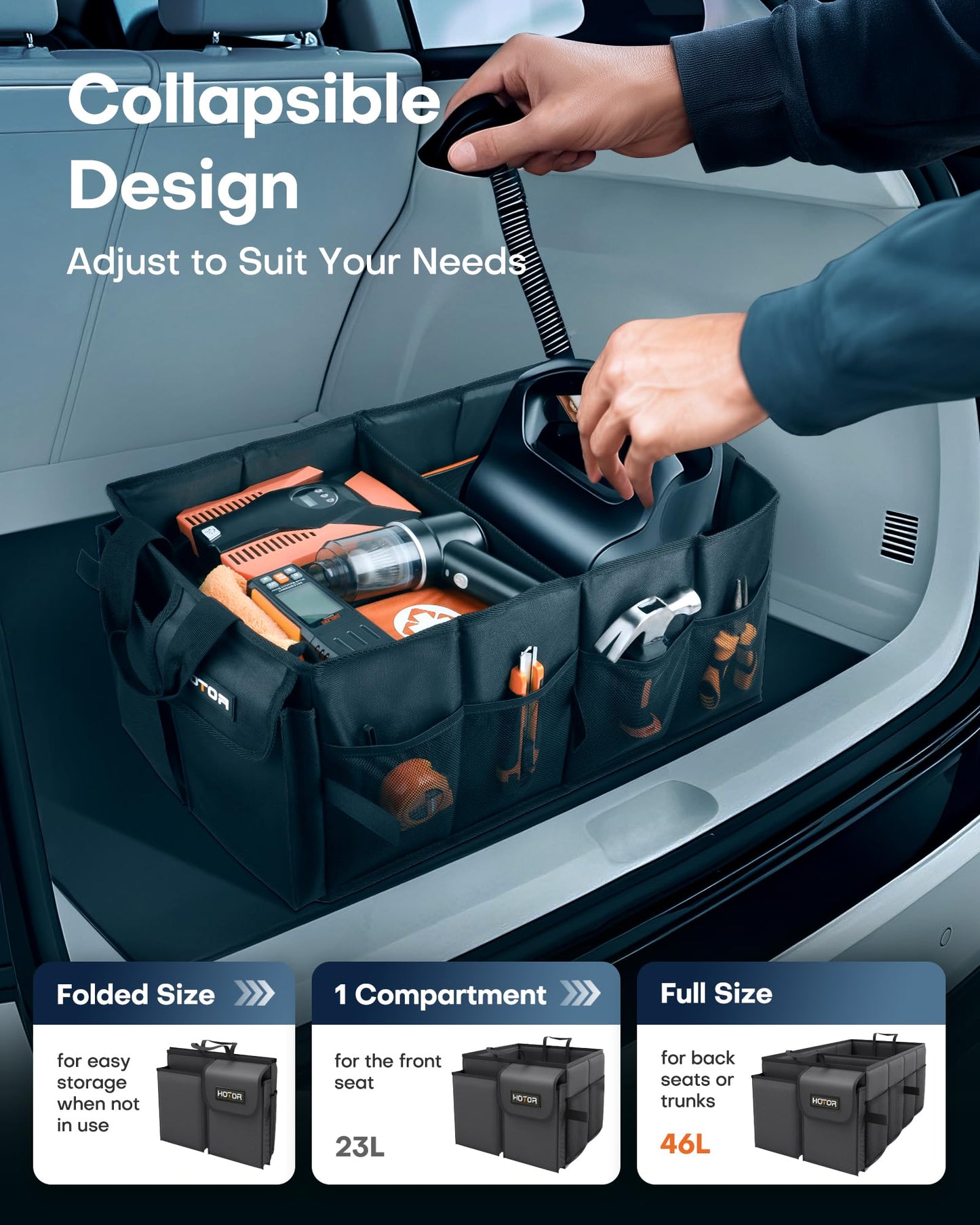 HOTOR Trunk Organizer - Car Organizer, Foldable Trunk organizer for SUVs & Sedans, Car Accessories, Tools, Sundries, 2 Compartments, Black
