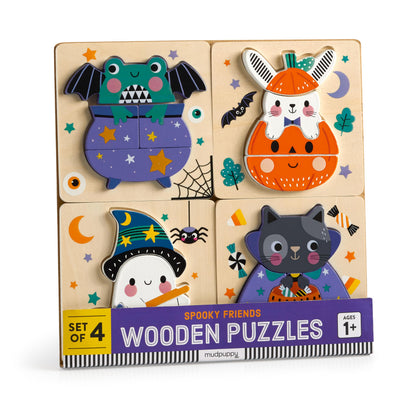 Mudpuppy Halloween – Set of 4 Wooden 4 Piece Puzzles Featuring A Colorful Halloween Scene with Adorable Characters