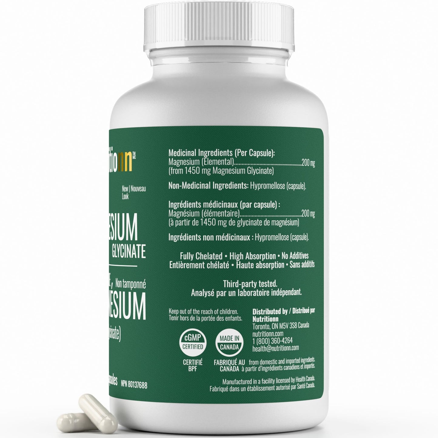 Magnesium Glycinate 200 mg Capsules (Elemental) from Non-Buffered Fully Chelated 100% Magnesium Bisglycinate - 62 Max-Capacity High-Absorption Capsules - Made in Canada - Nutritionn - Available at All In One Marketplace Canada