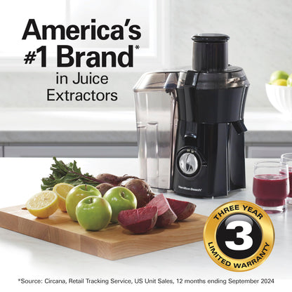 Hamilton Beach Big Mouth 3 inch Feed Chute Juice Extractor for Whole Fruits & Veggies, Easy Clean stainless steel strainer, Centrifugal Extractor, BPA Free, large Pulp bin, 800W, Black, 67601AG