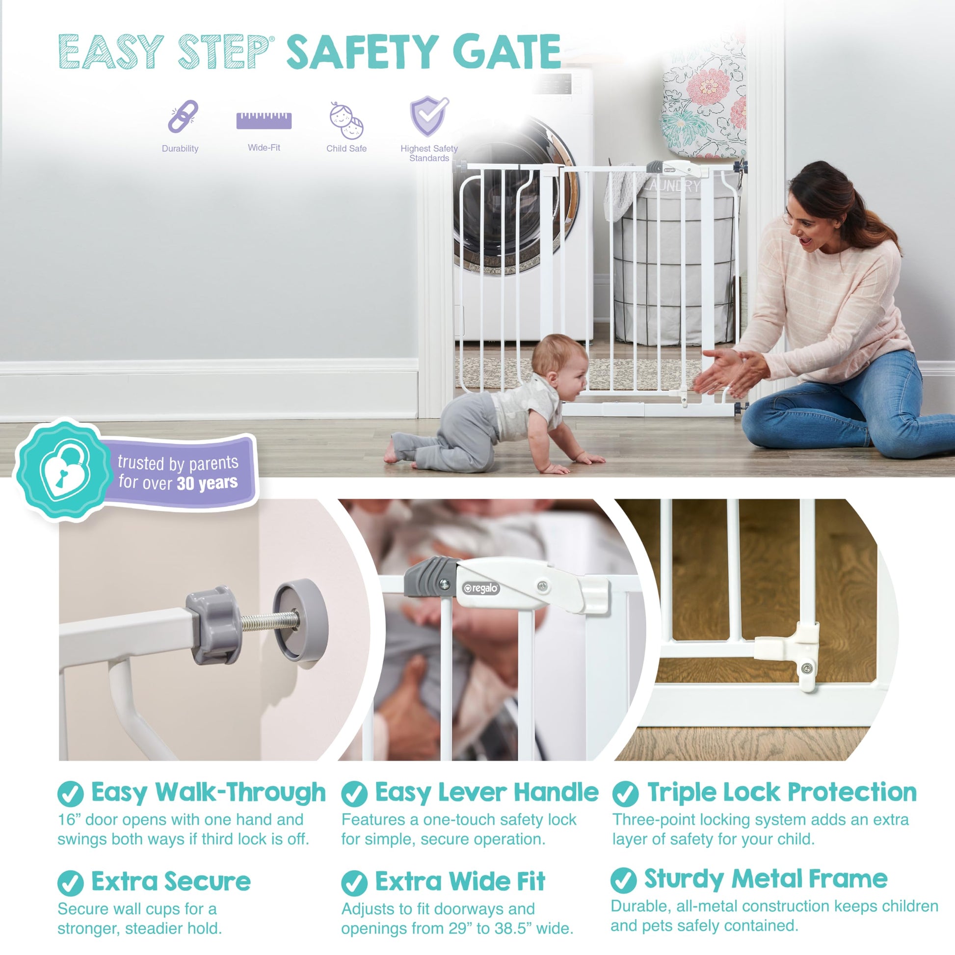 Regalo Easy Step 38.5-Inch (97.75cm) Extra Wide Baby Gate, Award Winning Brand, Includes 6-Inch (15.25cm) Extension Kit, 4 Pack Pressure Mount Kit and 4 Pack Wall Mount Kit