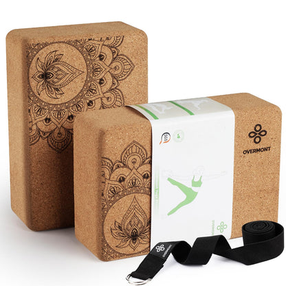 Overmont Cork Yoga Blocks 2 pack with Strap Set Natural Cork Yoga Bricks- High Density & Non-Slip Yoga Accessories for Women - Ideal for Yoga Pilates Fitness and Stretching 9x6x3'' OVERMONT