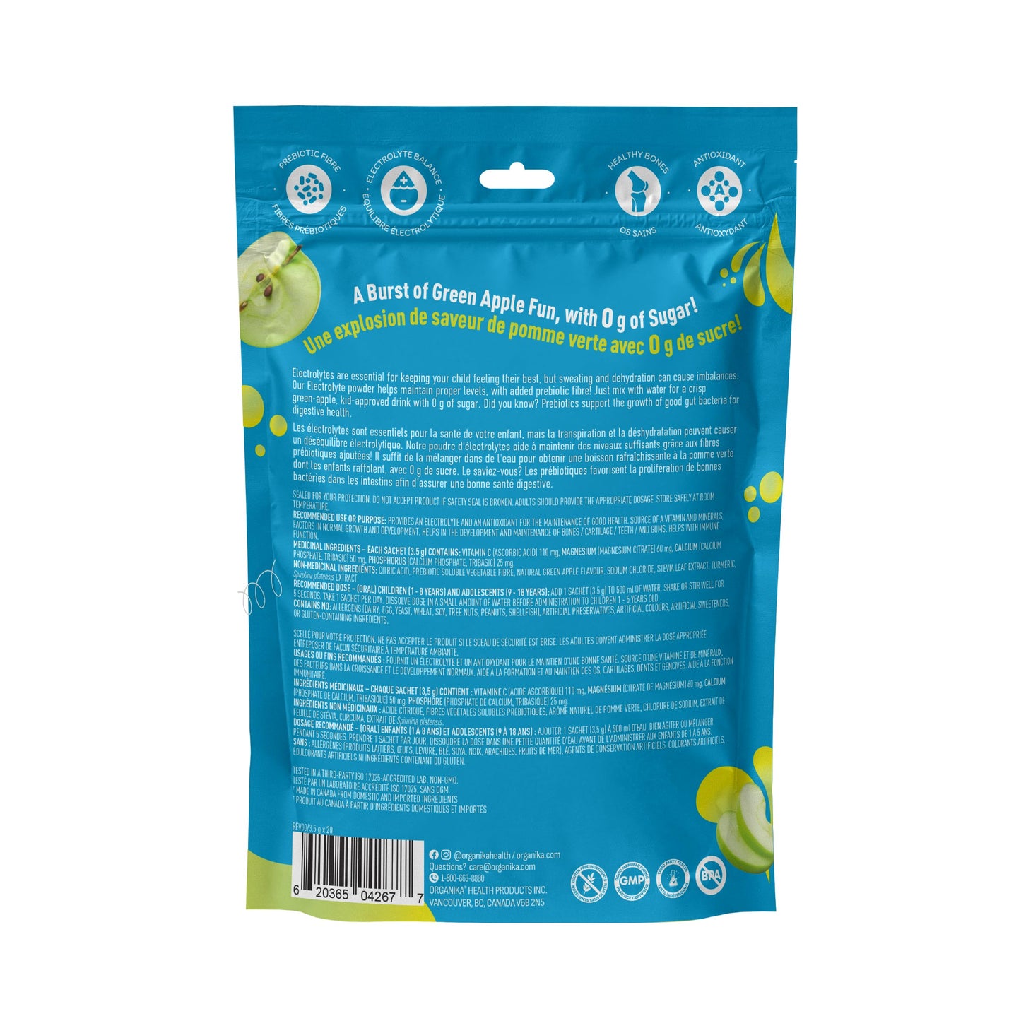 Organika Kids Electrolytes Powder Sticks - Sugar-Free Hydration + Immune support with 100% of daily Vitamin C, Minerals and Prebiotic Fibre | Green Apple Flavour - 3.5g x 20 sachets Organika
