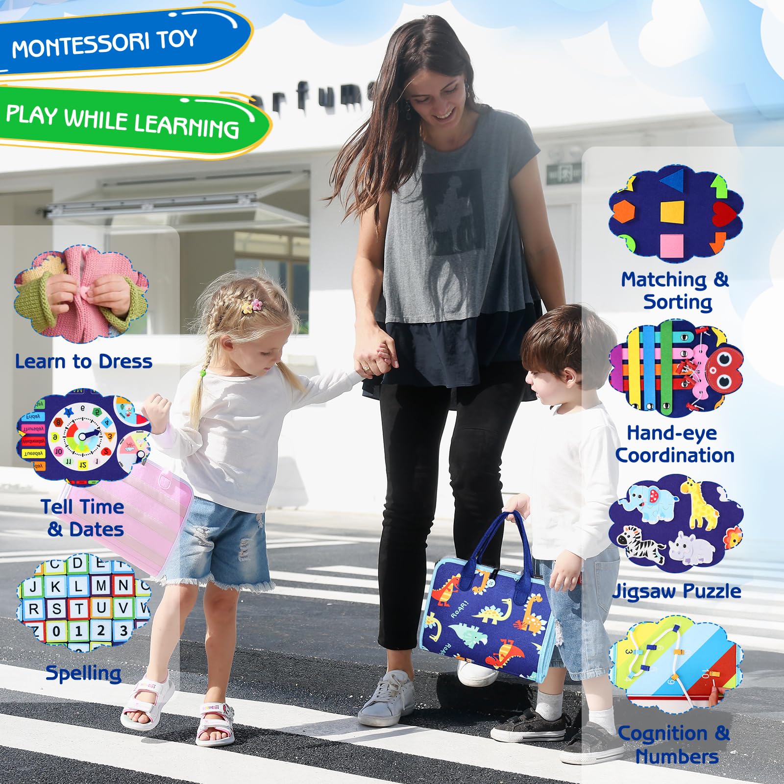 Esjay Busy Board for Toddlers, Montessori Toys for Boys, Sensory Book Toy Educational Activities for Fine Motor Skills Learning, Birthday Gifts for Boys Toddler, Toys for Travel Airplane Car