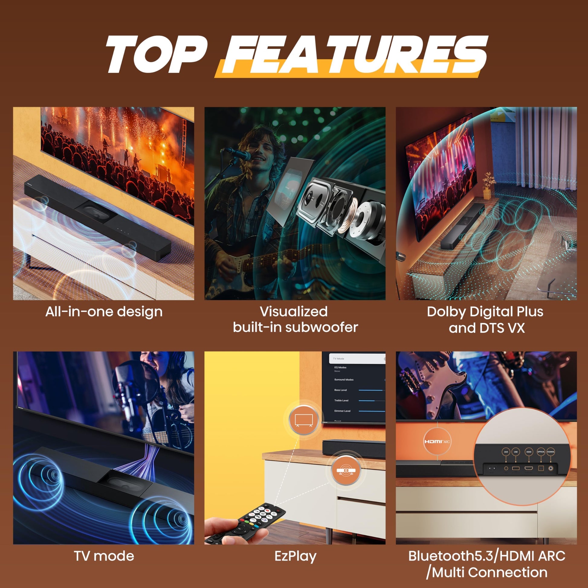 Hisense A620-2.1ch All-in-one Soundbar with 4.75 inch Built-in Visualised Subwoofer, 240W Max Audio Power, Compact Design with 5.3 Wireless Bluetooth, Powered by DTS Virtual:X, Roku TV Ready Hisense