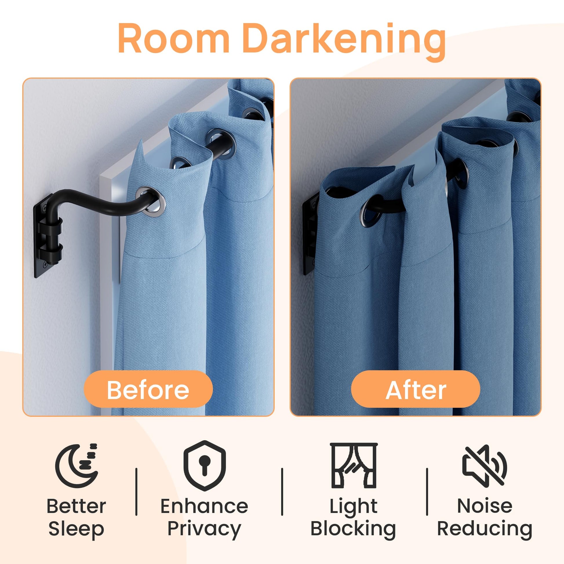 upsimples Blackout Curtain rods for windows 48 to 84 inch, Wrap Around Room Darkening Curtain Rod for Bedroom, Living Room, Adjustable from 30 to 86 Inches - Available at All In One Marketplace Canada
