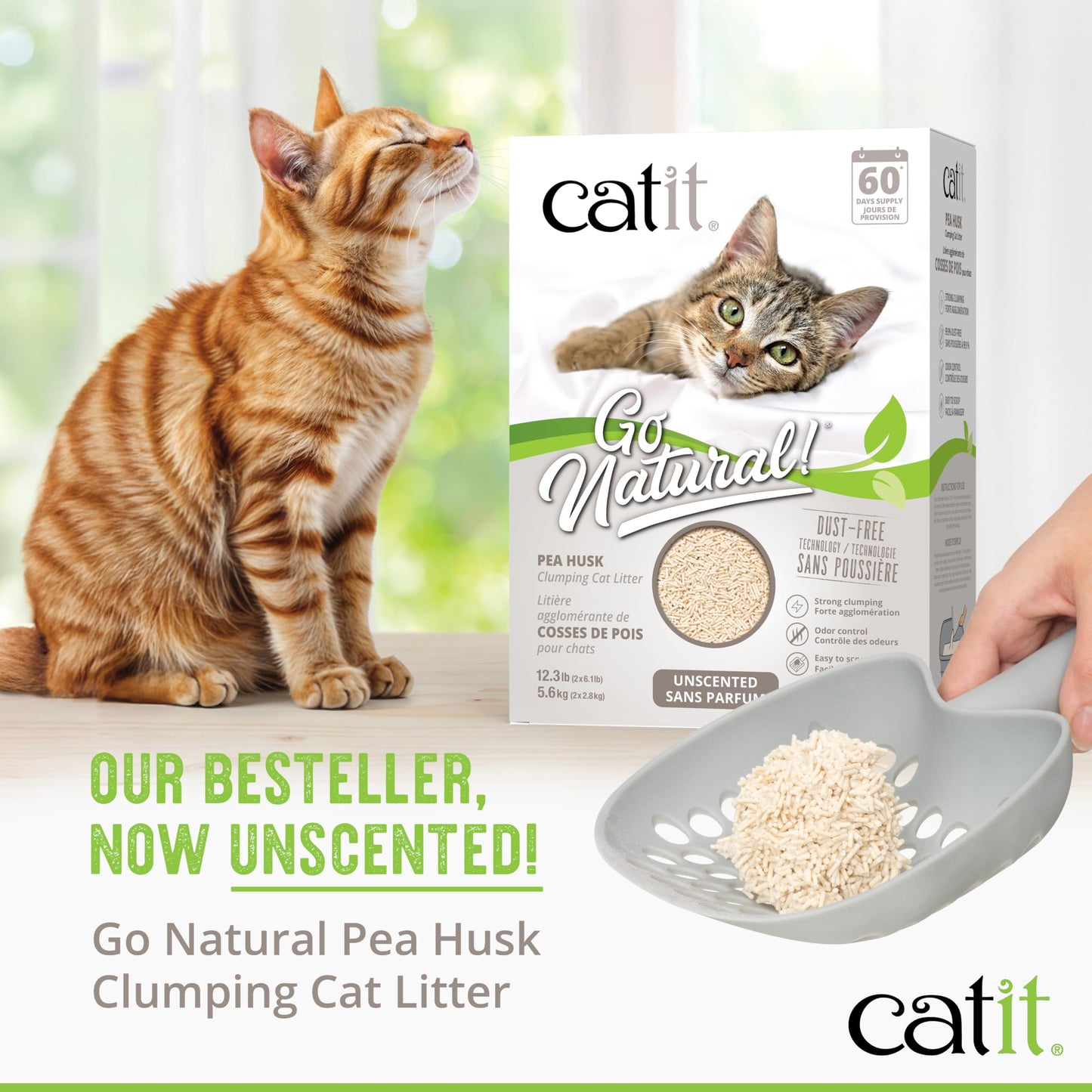 Catit Go Natural Pea Husk Clumping Cat Litter, Unscented, 5.6 kg, Dust Free & Lightweight Cat Litter, Easy to Scoop, Litiere Pour Chat
