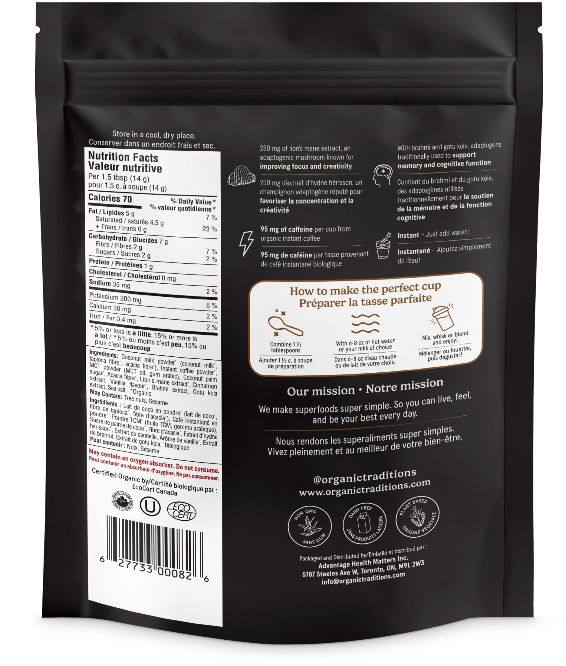 Organic Traditions Focus Fuel Mushroom Coffee – Lion's Mane, MCT Oil & Adaptogens, Dairy-Free Instant Blend, 280g