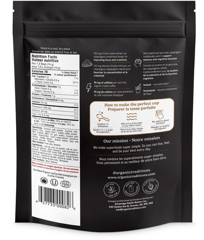 Organic Traditions Focus Fuel Mushroom Coffee – Lion's Mane, MCT Oil & Adaptogens, Dairy-Free Instant Blend, 280g