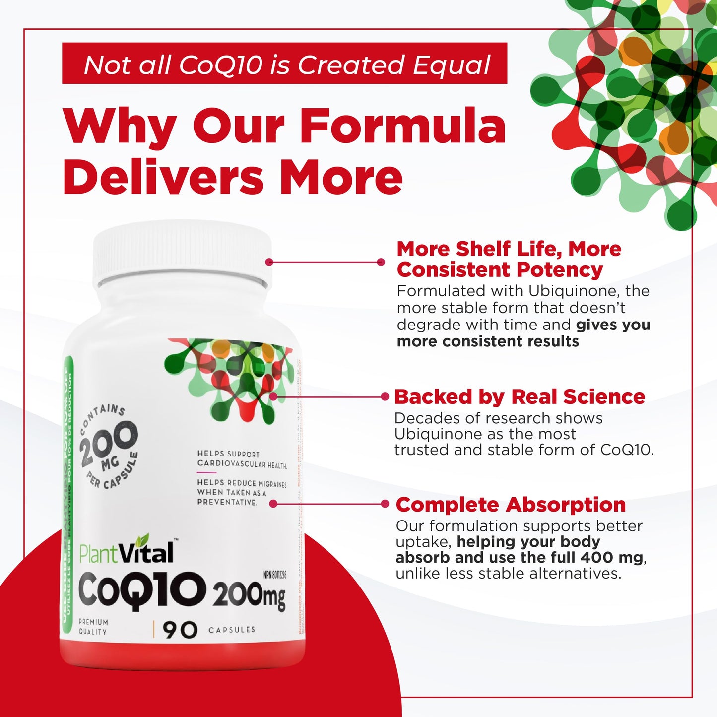 PlantVital Coenzyme Q10 - Made in Canada - 400mg (2 capsule per day) - CoQ10 Supplement - Support Cardiovascular Health - High-Potency - Helps Reduce Migraine Frequency - 45 Days Supply - 90 Capsules - Available at All In One Marketplace Canada
