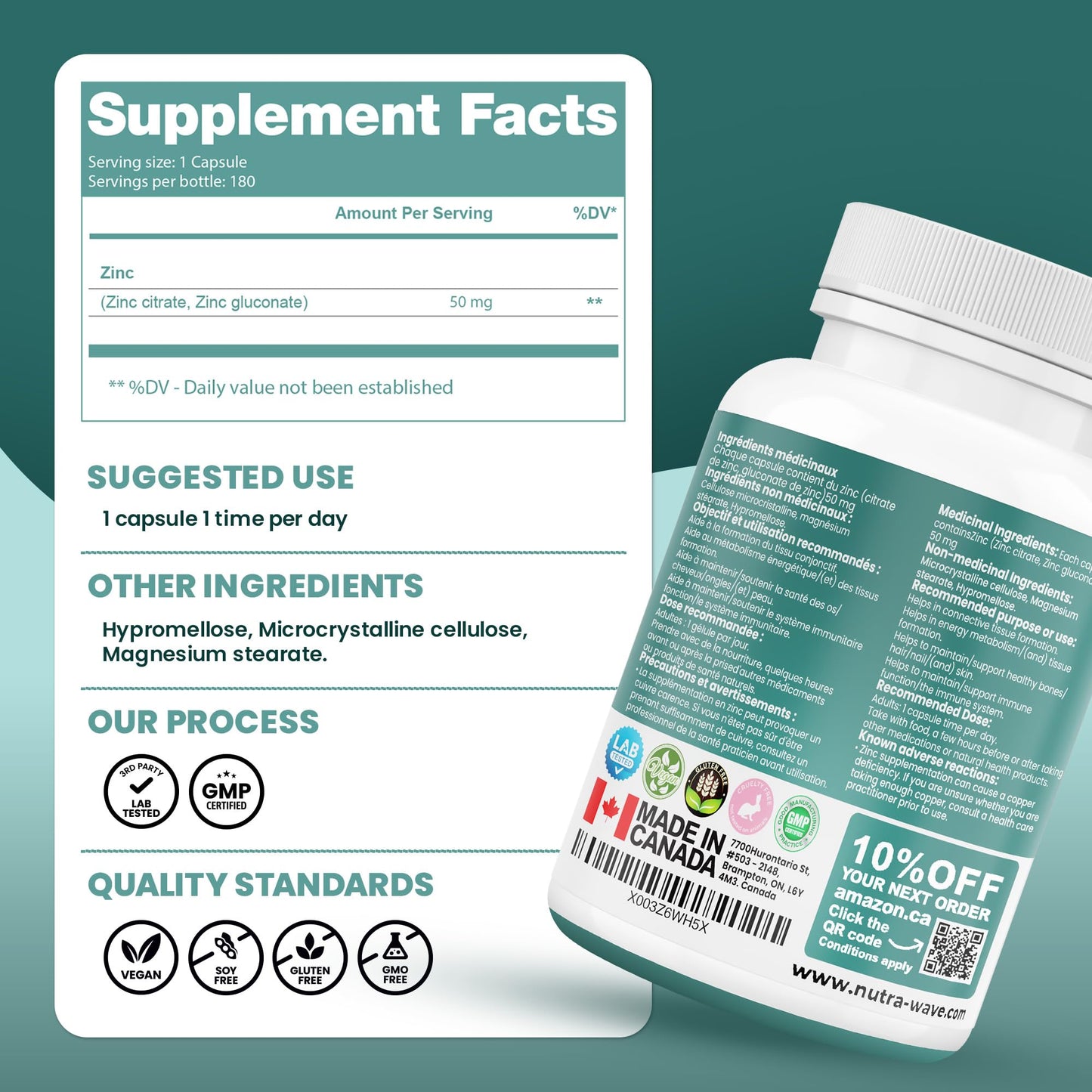 Nutrawave 2-IN-1 Zinc Supplements, High Absorption Formula 50 mg Zinc Gluconate + Zinc Citrate Chelated Stomach-Friendly Immune Booster, Healthy Skin, Hair, Nails & Bones, For Men & Women, Vegan, 6-Month Supply - Available at All In One Marketplace Canada