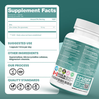 Nutrawave 2-IN-1 Zinc Supplements, High Absorption Formula 50 mg Zinc Gluconate + Zinc Citrate Chelated Stomach-Friendly Immune Booster, Healthy Skin, Hair, Nails & Bones, For Men & Women, Vegan, 6-Month Supply - Available at All In One Marketplace Canada