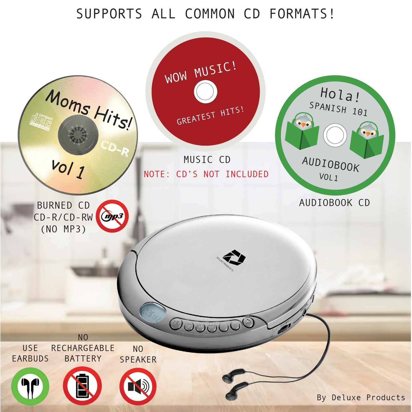 Deluxe Products CD Player Portable with 60 Second Anti Skip, Stereo Earbuds, Includes Aux in Cable and AC USB Power Cable for use at Home or in Car. Silver Deluxe Products