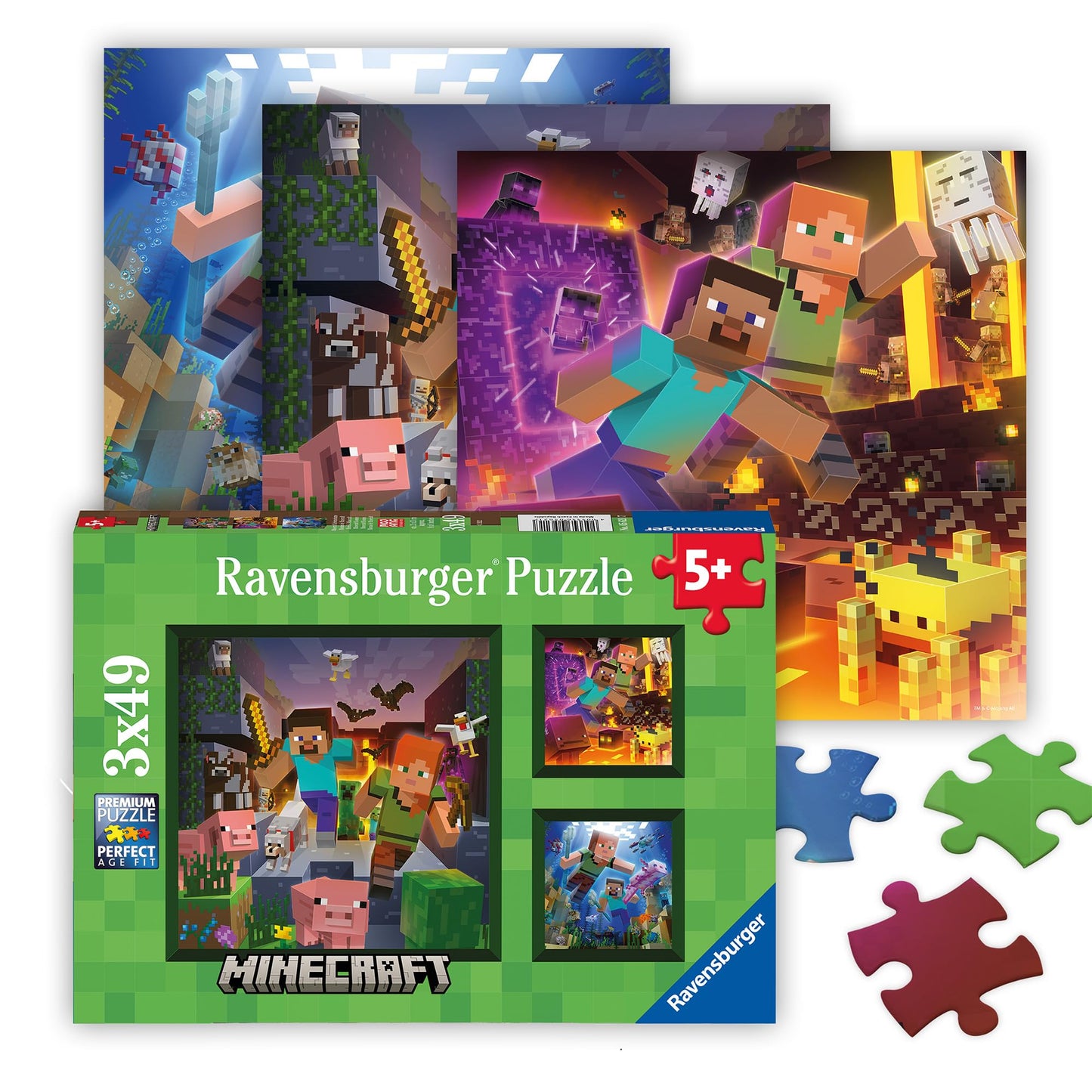 Ravensburger Minecraft Biomes 3 x 49 Piece Jigsaw Puzzle Set for Kids - Every Piece is Unique, Pieces Fit Together Perfectly Ravensburger