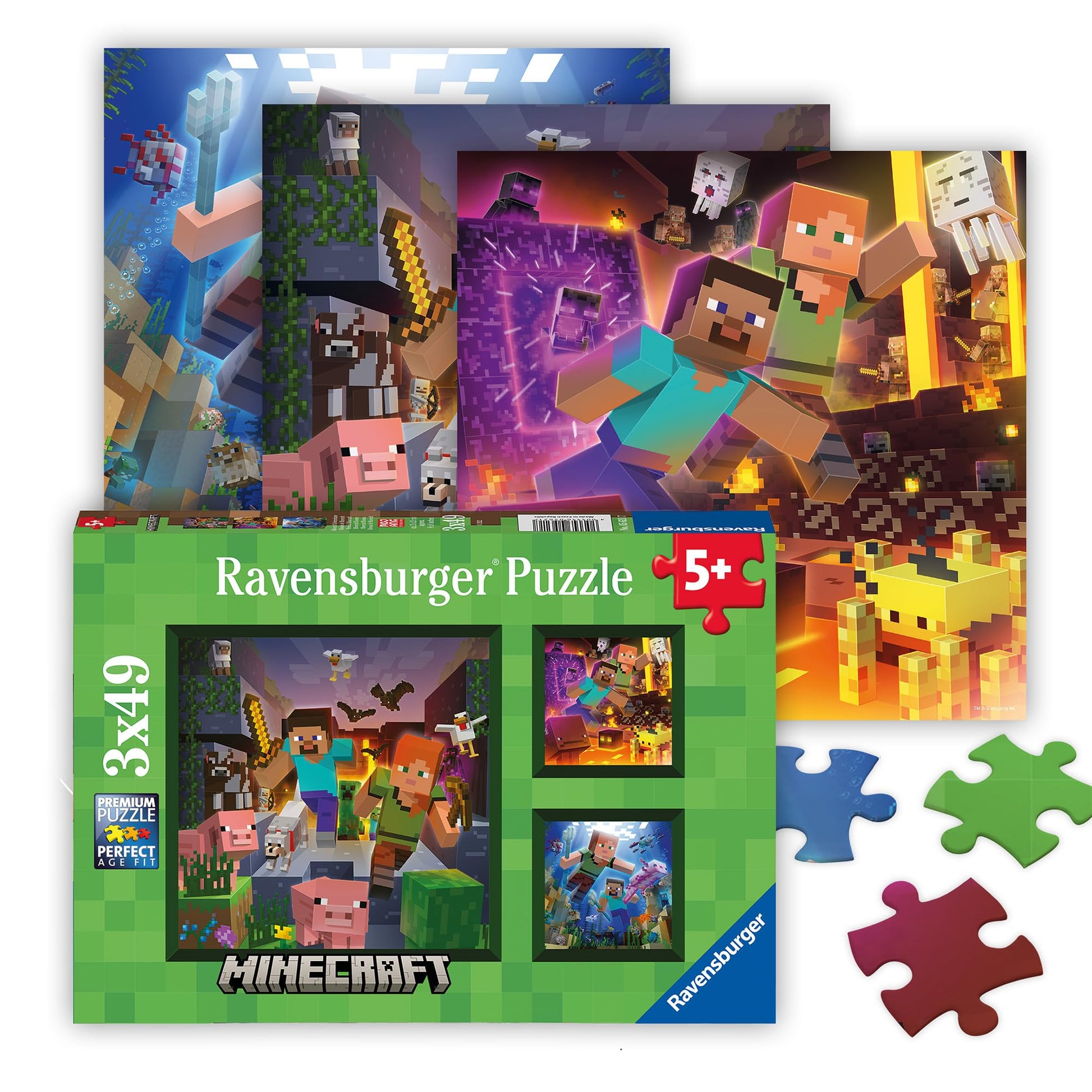Ravensburger Minecraft Biomes 3 x 49 Piece Jigsaw Puzzle Set for Kids - Every Piece is Unique, Pieces Fit Together Perfectly Ravensburger