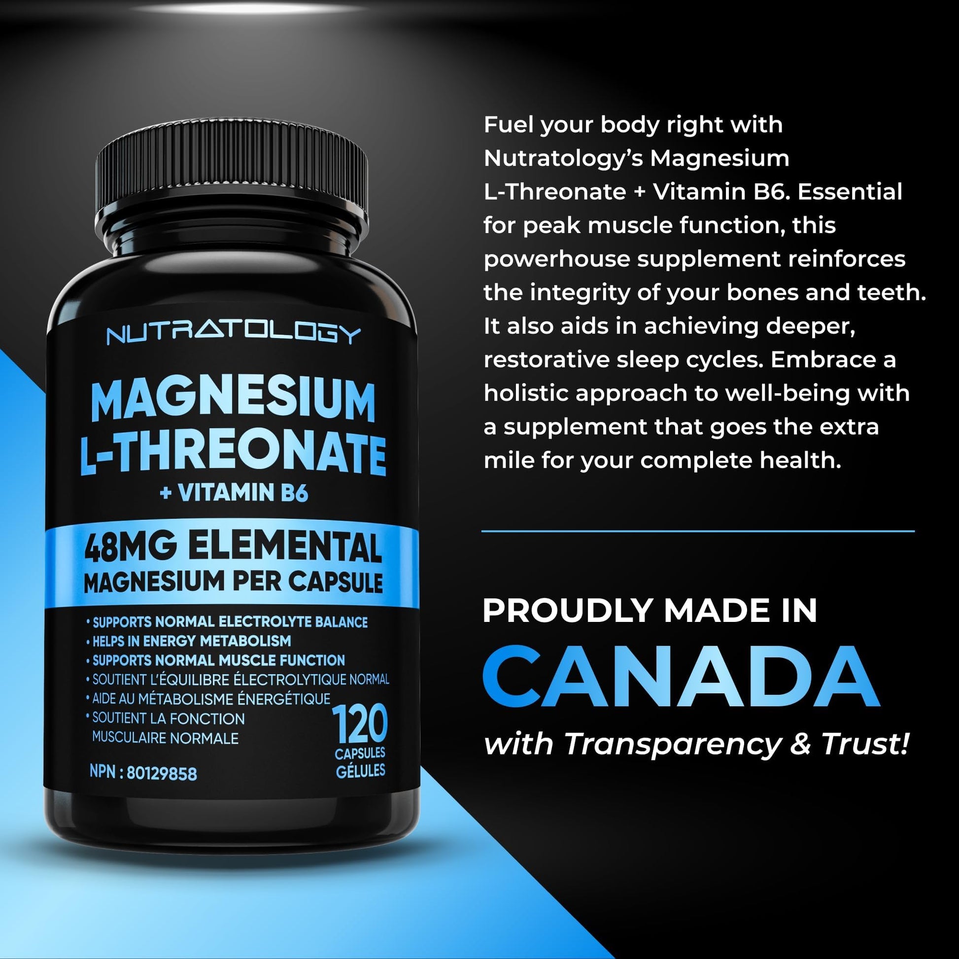 Nutratology® Magnesium L-Threonate + Vitamin B6 | Canadian-Made | Formulated To Help Support Heart & Muscle Function - Balances Electrolytes, Supports Energy Metabolism & Tissue Formation - 120 Count - Available at All In One Marketplace Canada