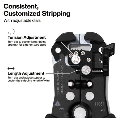 Klein Tools 11061 Self-Adjusting Stripper/Cutter, Heavy Duty, for 10-20 AWG Solid, 12-22 AWG Stranded, and Romex Wire 12/2 and 14/3