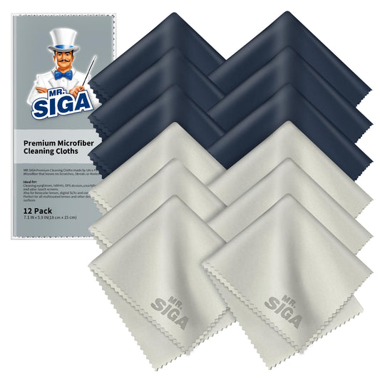 MR.SIGA Premium Microfiber Cleaning Cloths for Lens, Eyeglasses, Screens, Tablets, Glasses, 12 Pack, 6 x 7 inches (15 x 18 cm), Navy/Gray