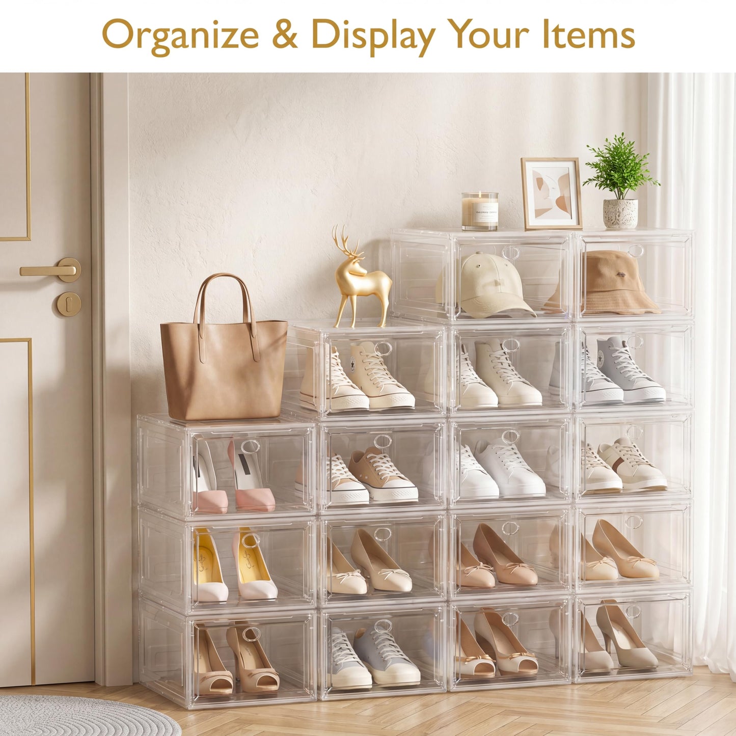 Thicken & Sturdy Clear Shoe Storage Organizer with Magnetic Door, Stackable Boxes for Closet, Foldable Space-Saving Shoe Rack for Sneaker Boot Container, Plastic Shoe Cabinet Shoe Box 6 Pack, White