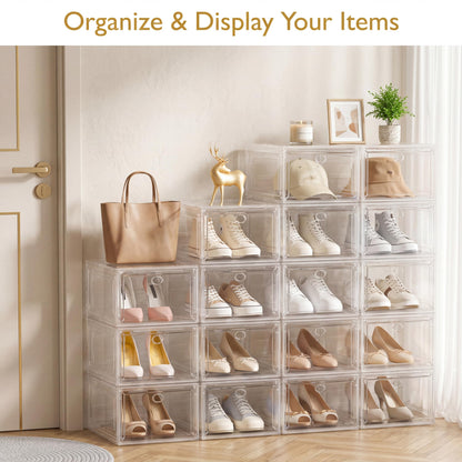 Thicken & Sturdy Clear Shoe Storage Organizer with Magnetic Door, Stackable Boxes for Closet, Foldable Space-Saving Shoe Rack for Sneaker Boot Container, Plastic Shoe Cabinet Shoe Box 6 Pack, White