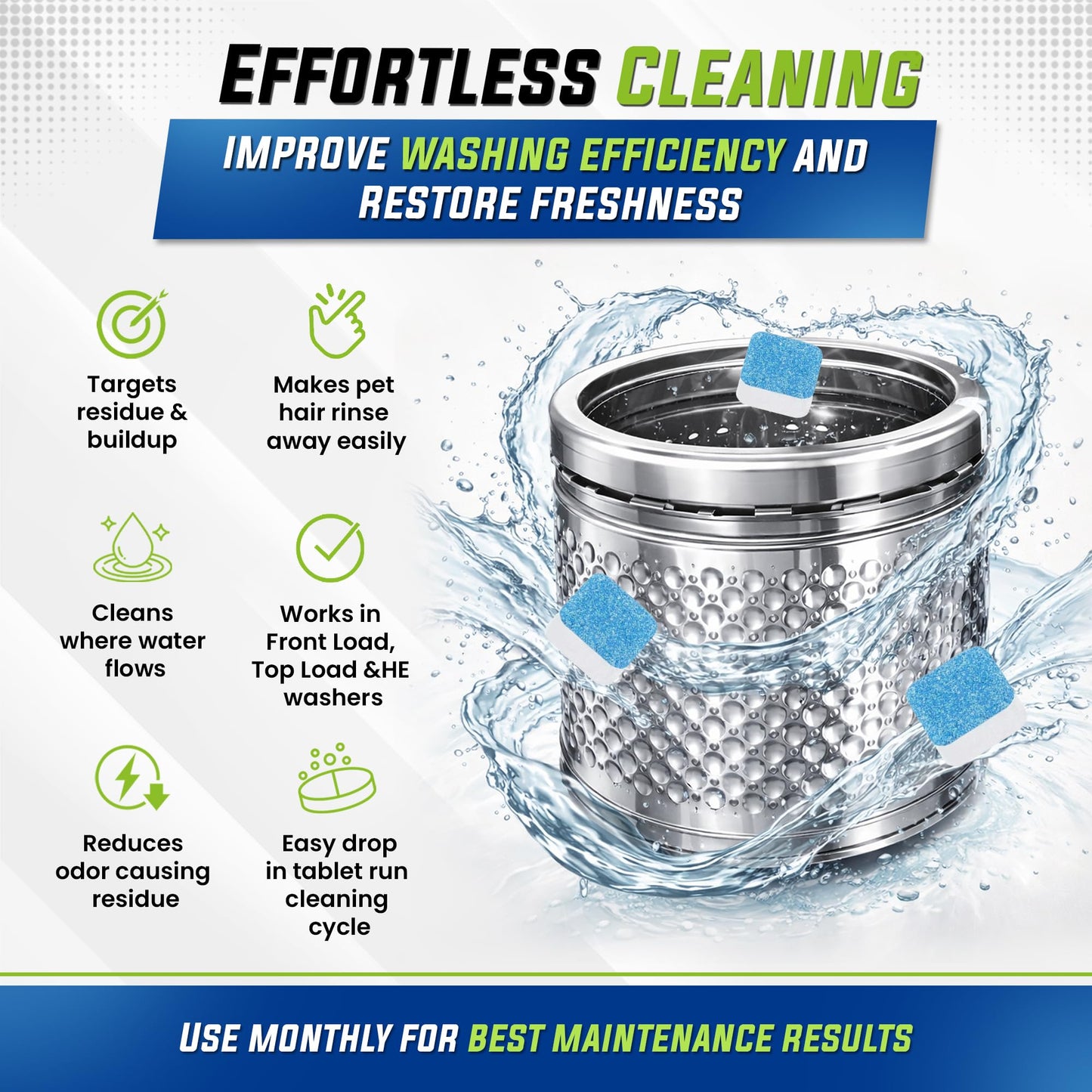 True Fresh Washing Machine Cleaner Tablets 25-Pack - Deep Cleaning Washer cleaner Tablets for Top loader, front Load & HE - Cleans Drum, Tub seal & other Parts Descaler & septic safe - Available at All In One Marketplace Canada