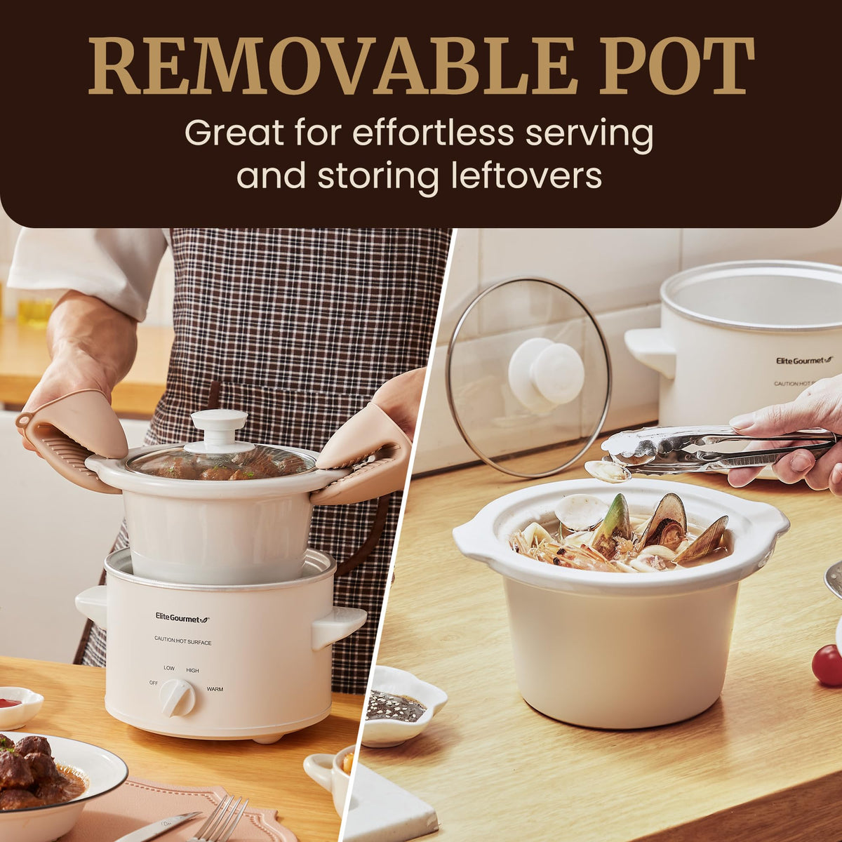 Elite Gourmet MST-250XW Electric Slow Cooker Ceramic Pot Adjustable Temp, Entrees, Sauces, Stews & Dips, Dishwasher Safe Glass Lid & Crock