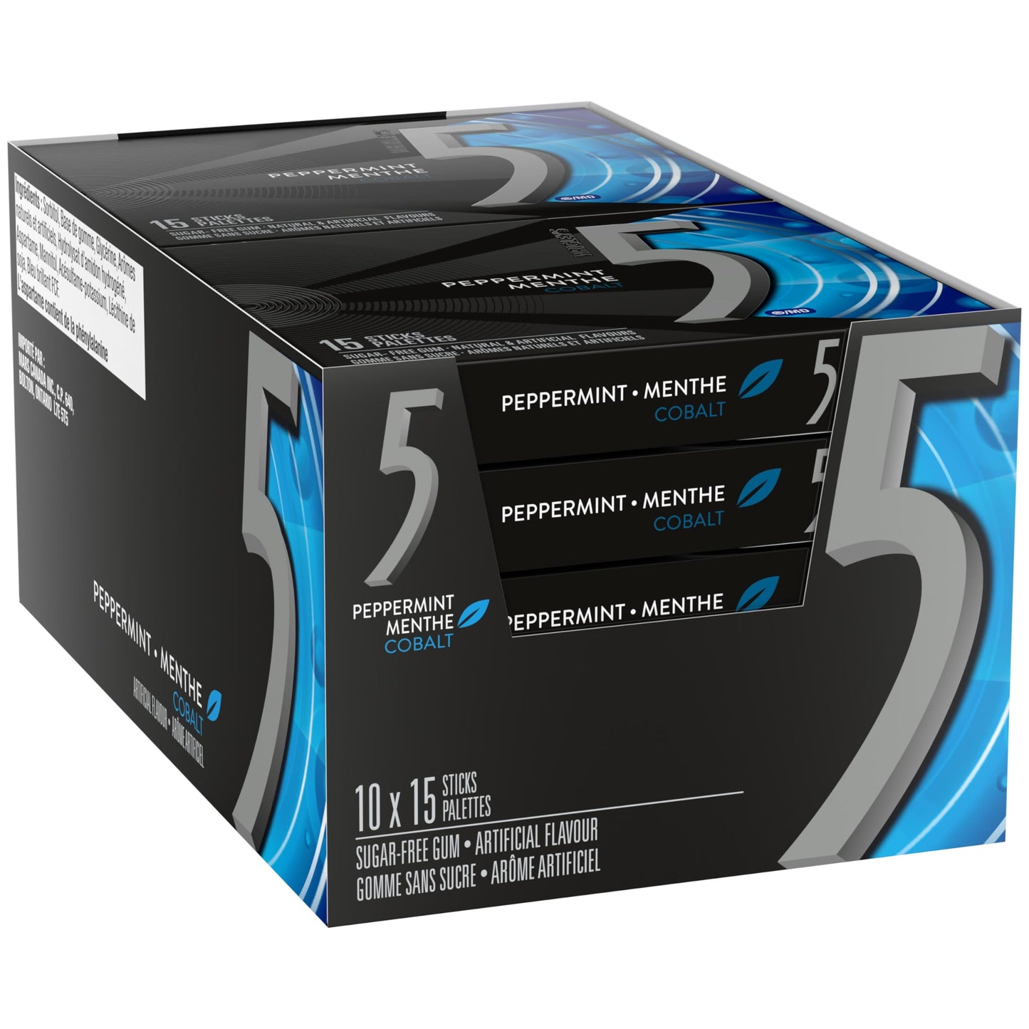 5 GUM, Peppermint-Cobalt Flavoured Sugar Free Chewing Gum, 15 Sticks, 10 Packs - Available at All In One Marketplace Canada