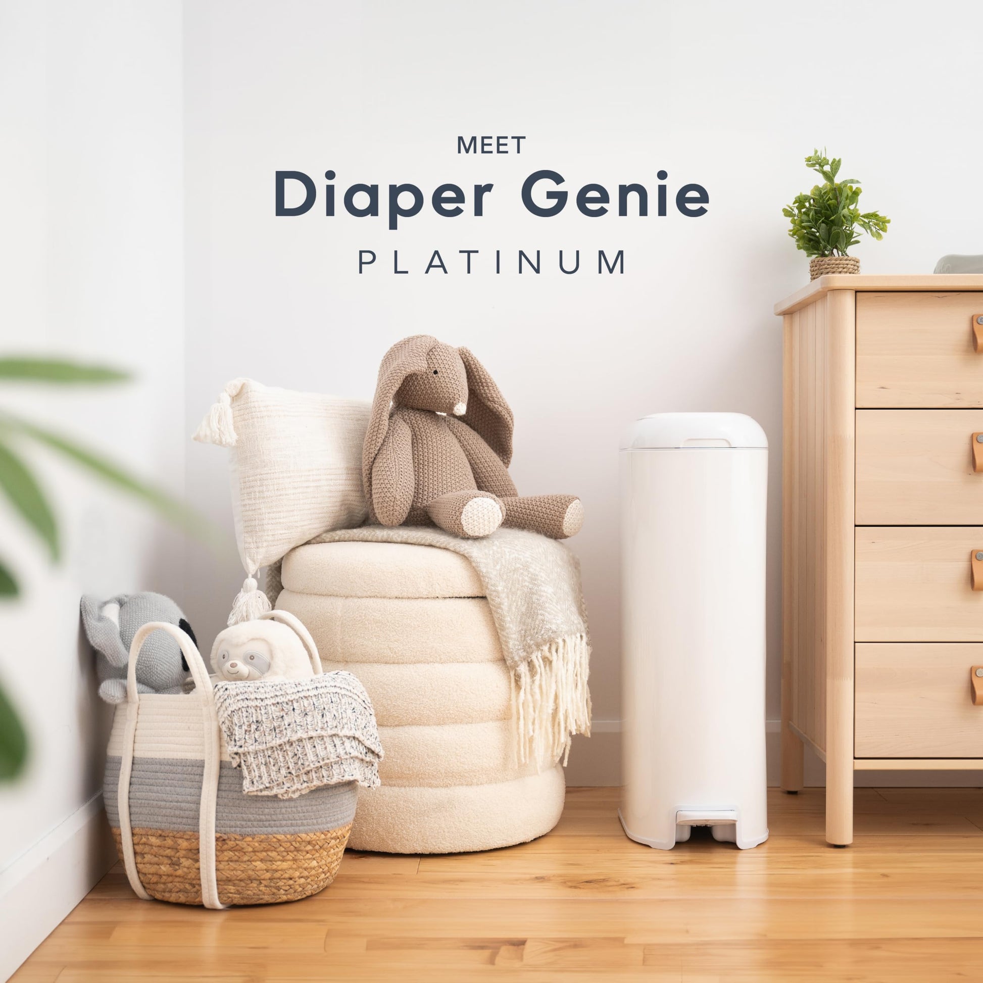 Diaper Genie Platinum Diaper Pail, White - Made in Durable Stainless Steel and Includes 1 Easy Roll Refill with 18 Bags