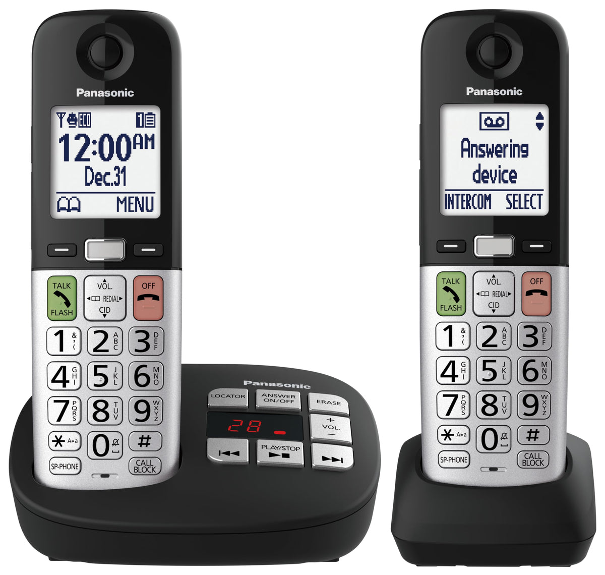 Panasonic Cordless Phone, Large Display and Big Buttons, Flashing Favourites Key, Built in Flashlight, Call Block, Volume Boost, Talking Caller ID, 2 Cordless Handsets - KX-TGU432CB (Black/Silver)