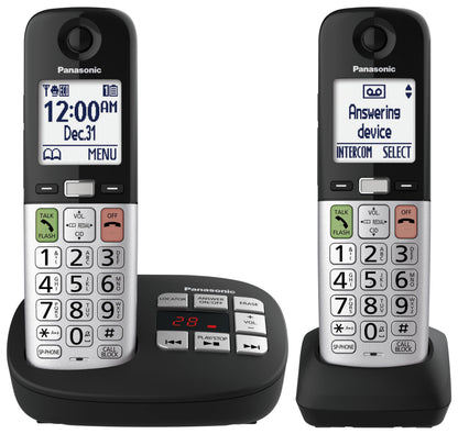 Panasonic Cordless Phone, Large Display and Big Buttons, Flashing Favourites Key, Built in Flashlight, Call Block, Volume Boost, Talking Caller ID, 2 Cordless Handsets - KX-TGU432CB (Black/Silver)