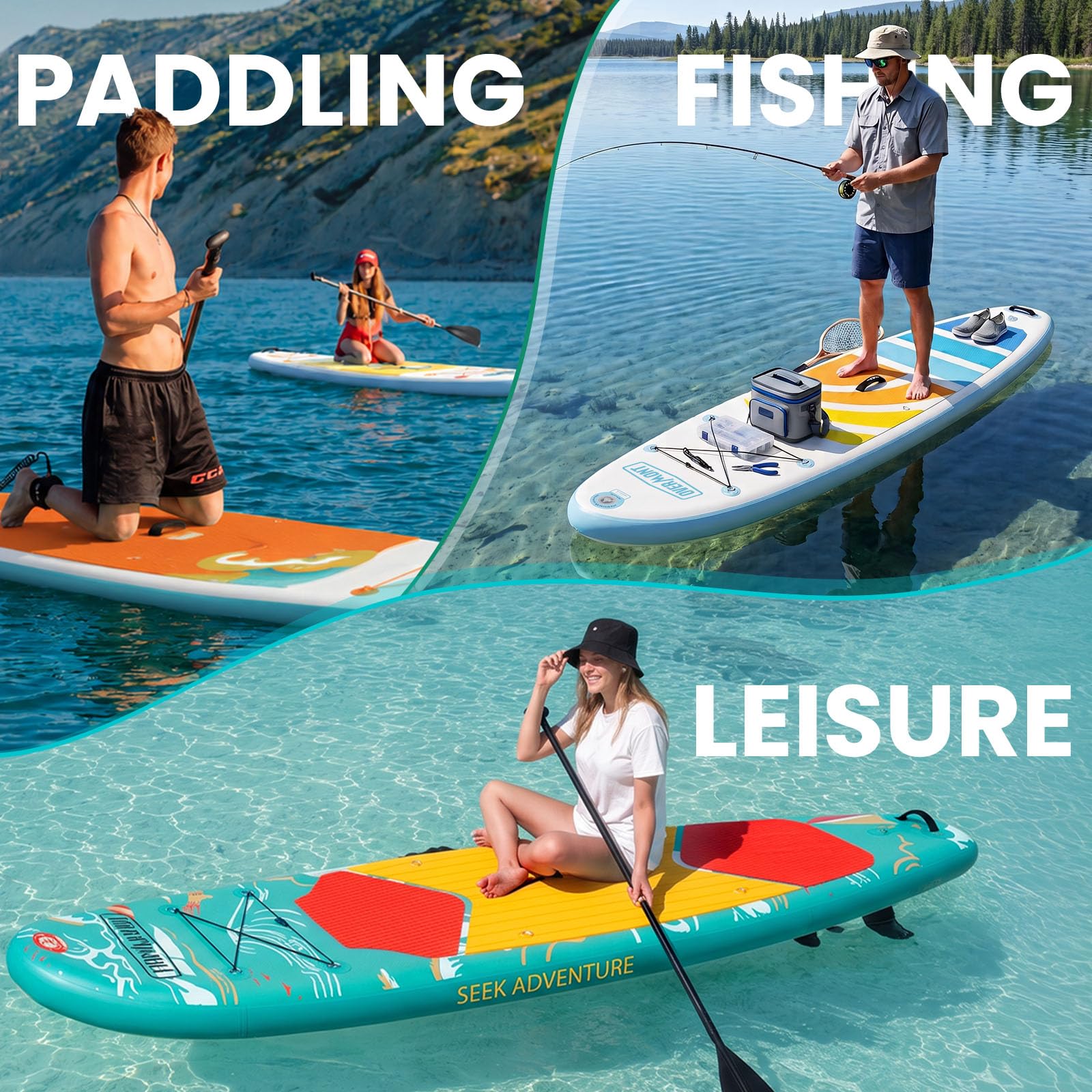 Overmont Inflatable Paddle Board 10'7" x 33" x 6", Extra Wide SUP for Adults & Beginners, 350 lb Stand Up Paddle Board with Adjustable Paddle, Pump, 3 Fins, Leash, Backpack & Repair Kit OVERMONT