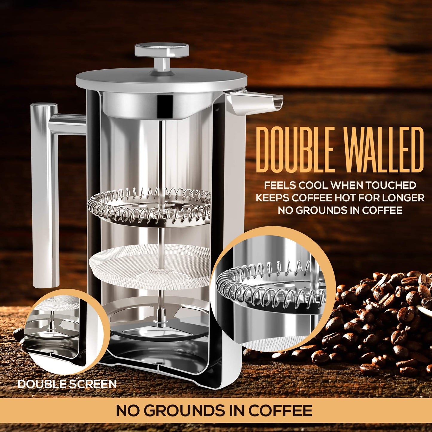 KICHLY 34 OZ French Press, Stainless Steel Double Walled Insulated Coffee Press with Refined Filters, Espresso and Tea Maker - Silver - Available at All In One Marketplace Canada