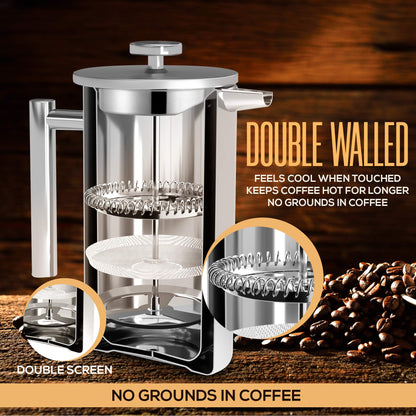 KICHLY 34 OZ French Press, Stainless Steel Double Walled Insulated Coffee Press with Refined Filters, Espresso and Tea Maker - Silver - Available at All In One Marketplace Canada