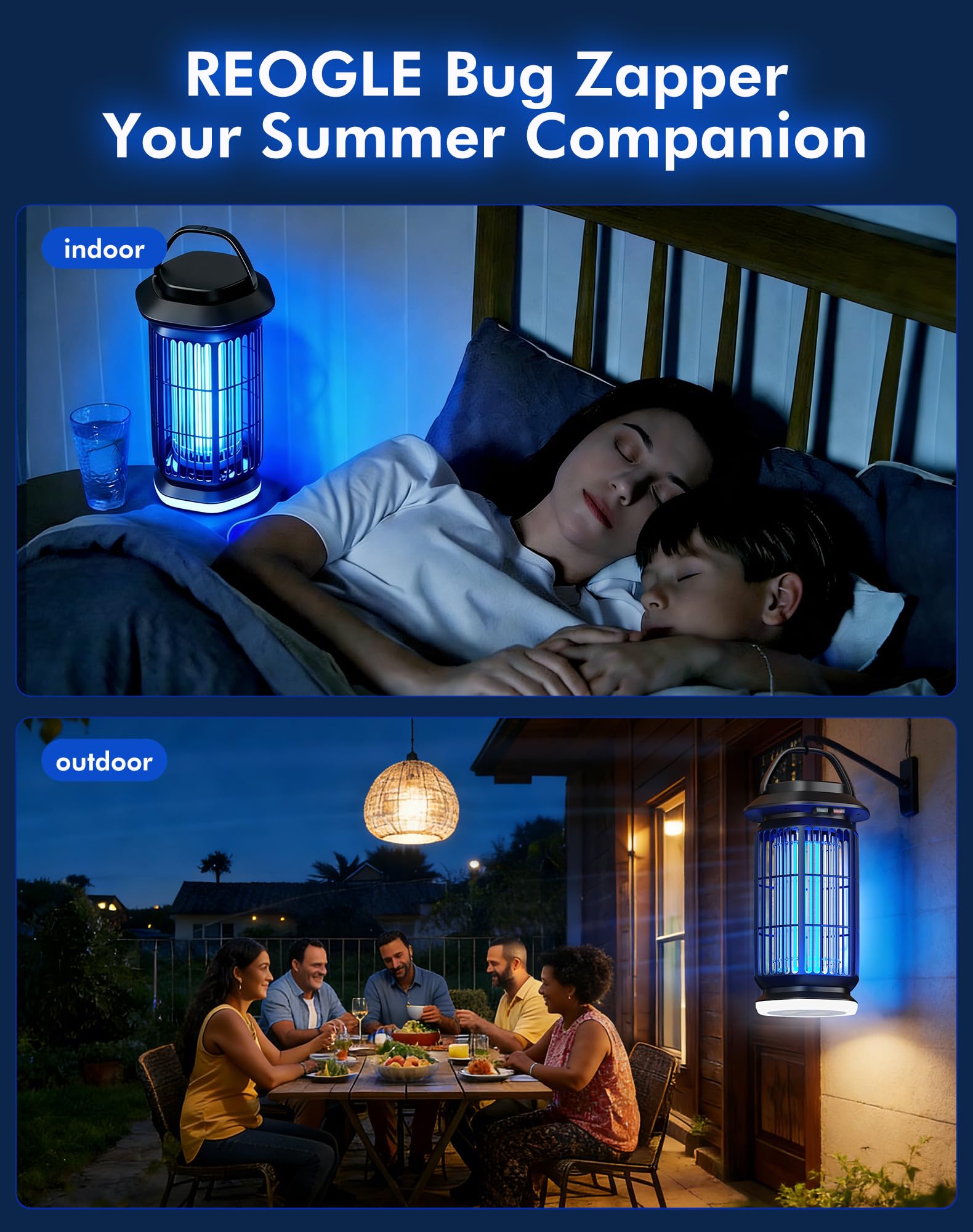 REOGLE 2-in-1 Bug Zapper Indoor Outdoor, 4000V Electric Mosquito Zapper with 365nm UV Light Trap & LED Night Light, Covers 2100 sq ft, Insect Fly Trapper Bug Light for Patio, Garage, Backyard, Porch - Available at All In One Marketplace Canada