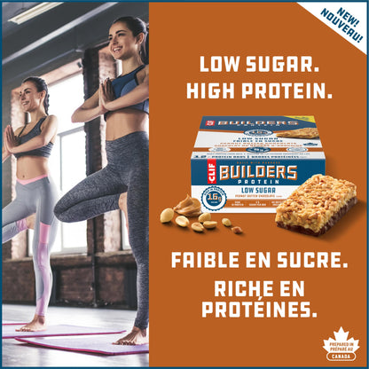 CLIF BUILDERS Low Sugar Protein Bars - Peanut Butter Chocolate, 12-Pack (56g each)