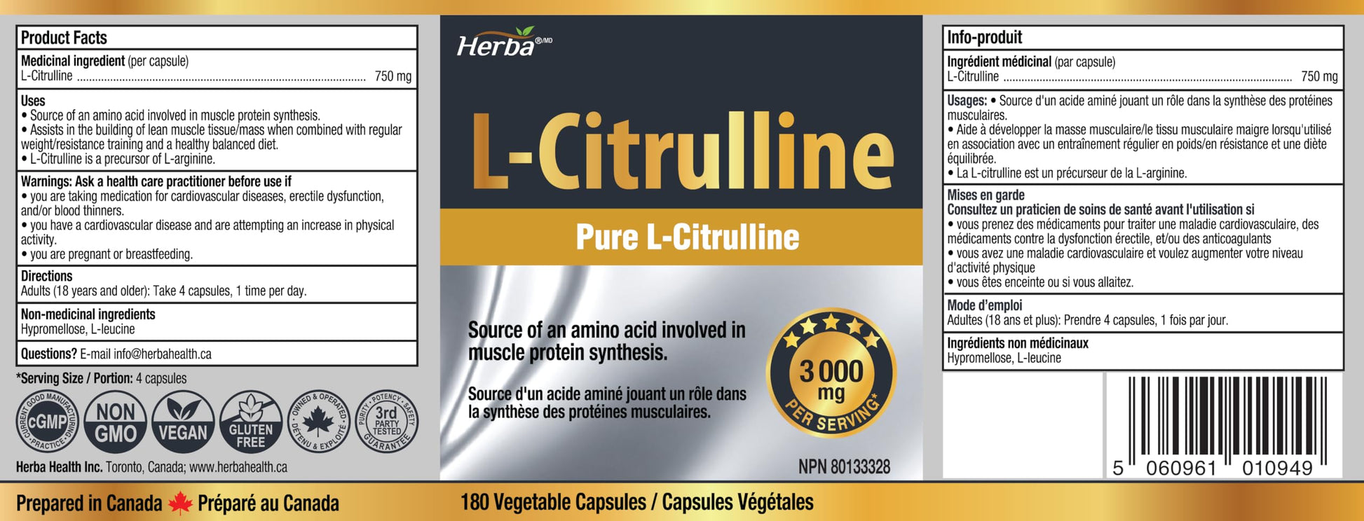 Herba L-Citrulline Capsules 750mg – 180 Capsules | 3,000mg Per Serving | Ultra Pure >98% | L Citrulline Nitric Oxide Supplement | Made & 3rd Party Tested in Canada - Available at All In One Marketplace Canada