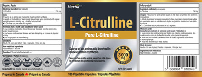 Herba L-Citrulline Capsules 750mg – 180 Capsules | 3,000mg Per Serving | Ultra Pure >98% | L Citrulline Nitric Oxide Supplement | Made & 3rd Party Tested in Canada - Available at All In One Marketplace Canada