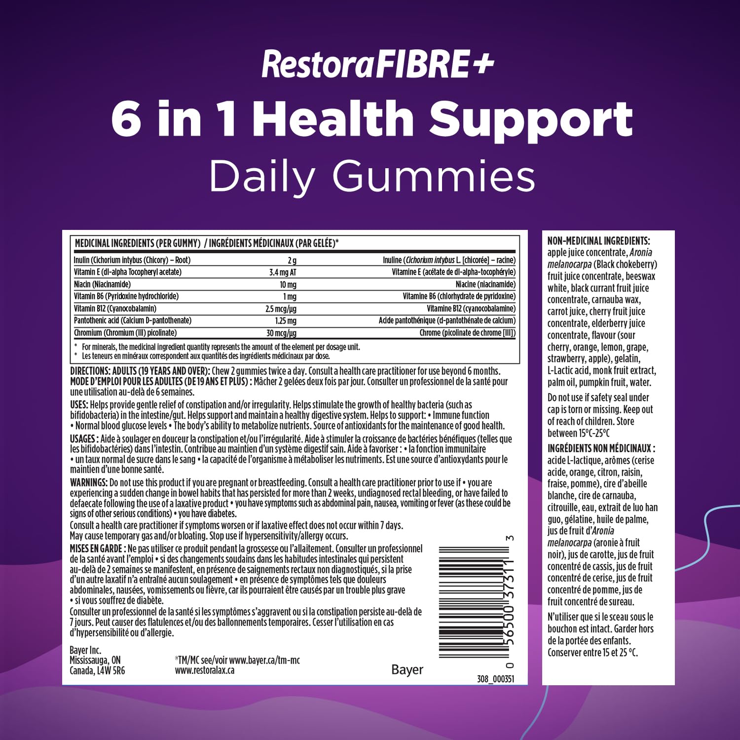 RestoraLAX RestoraFIBRE+ 6 in 1 Daily Prebiotic Fibre Supplement Gummies for Adults, Supports Health Benefits, including Regularity, Gentle Constipation Relief & Healthy Immune Function with Naturally Sourced Inulin (115 ea) - Available at All In One Marketplace Canada