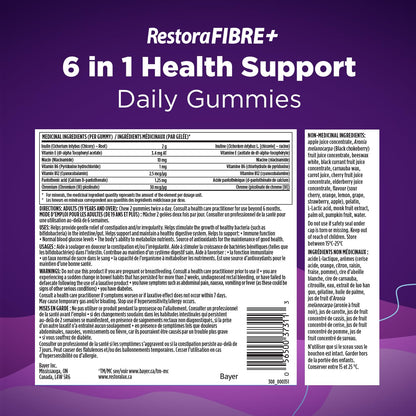RestoraLAX RestoraFIBRE+ 6 in 1 Daily Prebiotic Fibre Supplement Gummies for Adults, Supports Health Benefits, including Regularity, Gentle Constipation Relief & Healthy Immune Function with Naturally Sourced Inulin (115 ea) - Available at All In One Marketplace Canada