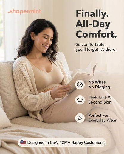 SHAPERMINT Wireless Bras for Women - Full Support Seamless Bralette, Compression Sports Bra, Plus Size Minimizer Bras, Padded Wirefree Bra for Women Nude