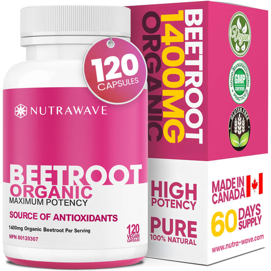 Nutrawave Organic Beetroot Capsules 1400mg – High Potency Nitric Oxide Booster for Energy, Heart & Brain Health – 120 Vegan, Non-GMO Beta Vulgaris Supplements – Raw Beet Root Powder with Vitamins & Antioxidants - Available at All In One Marketplace Canada